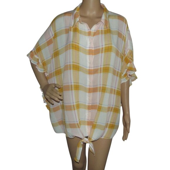 ana XLT Blouse Yellow Gold Pink White Plaid (XL tall) top shirt Tie Front Ruffle - Picture 1 of 10